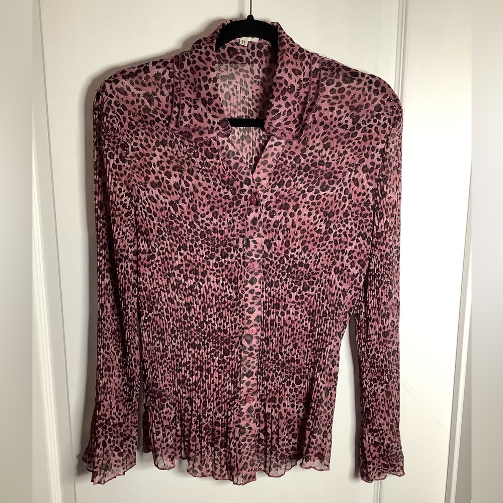 Y2K Sheer Pink Leopard Print Crinkle Fabric Top
